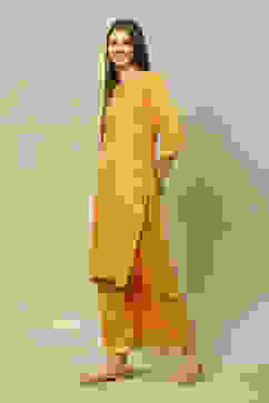 Yellow LIVA Straight Printed Kurta Palazzo Suit Set image number 3