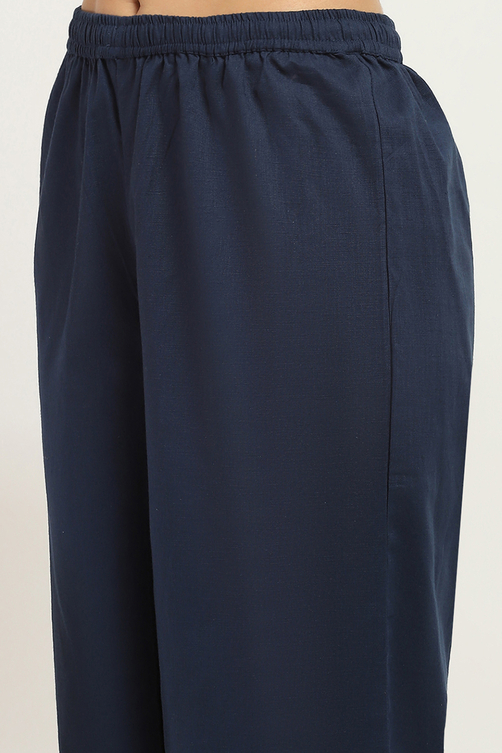 Navy Blue Cotton Printed Straight Kurta Set image number 2