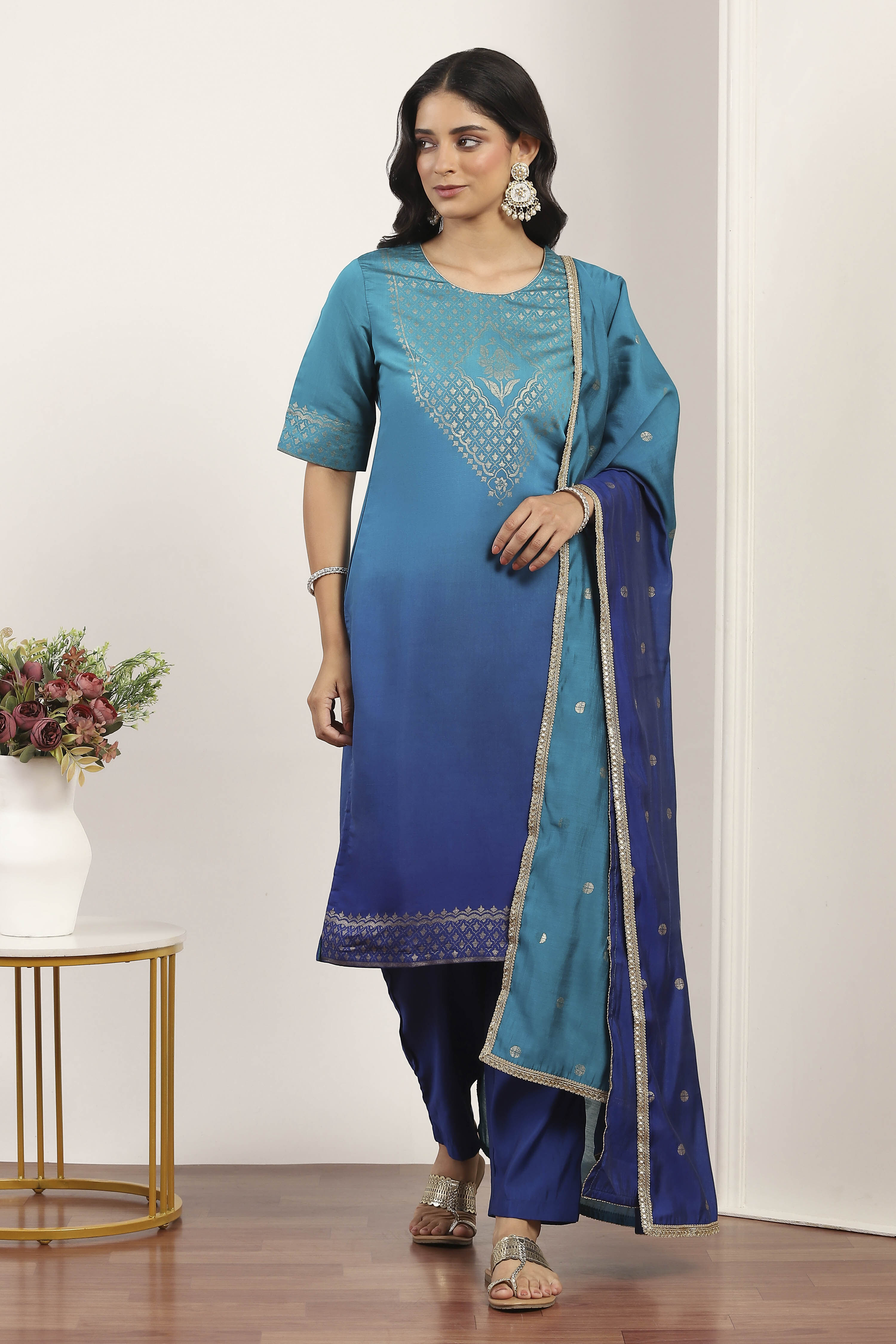 Blue Viscose Polyester Straight Suit Sets image number 0