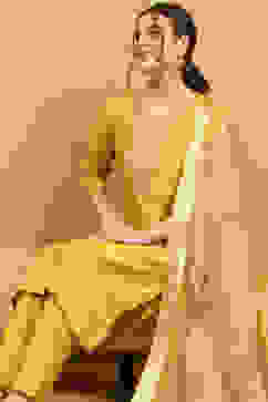 Yellow Viscose Blend Embroidered Straight Suit Set image number 7