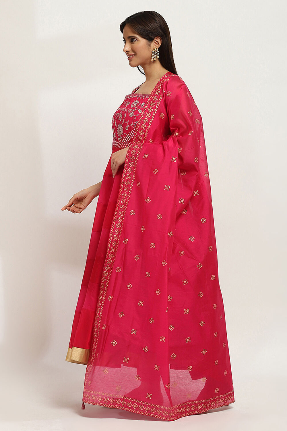 Red and Pink Tiered Anarkali Suit Set image number 3