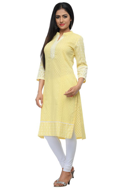 Light Yellow Cotton Straight Kurta image number 4