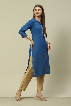 Blue LIVA Straight Printed Kurta image number 4