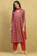 Brick Red Cotton Printed Gathered Suit Set image number 6