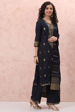 Navy Blue Art Silk Straight Suit Set image number 6