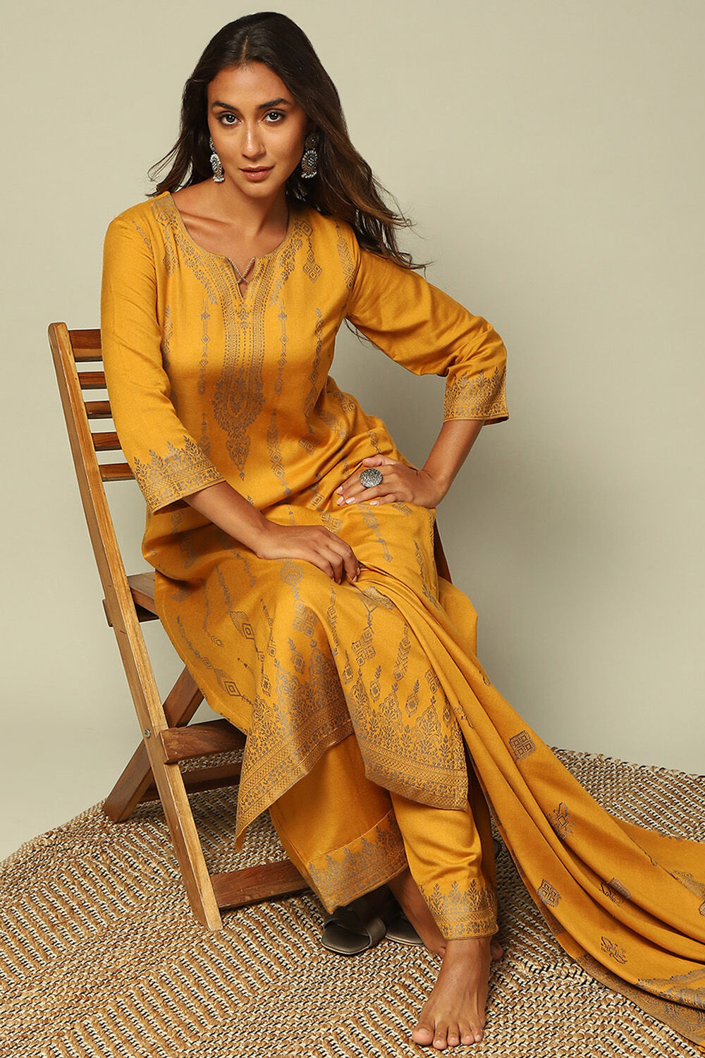 Mustard Acrylic A-Line Yarn Dyed Kurta Palazzo Suit Set image number 0