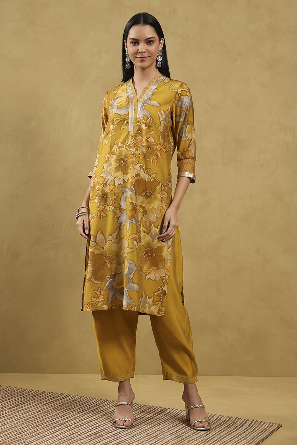 Mustard Viscose Blend Printed Straight Suit Set image number 6