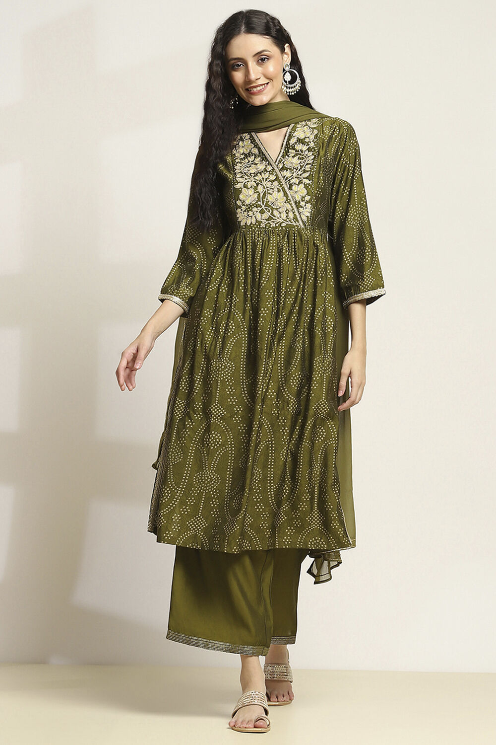 Green Viscose Blend Printed Gathered Suit Set image number 0