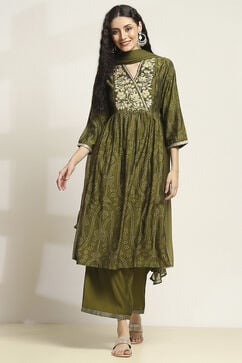 Green Viscose Blend Printed Gathered Suit Set image number 0