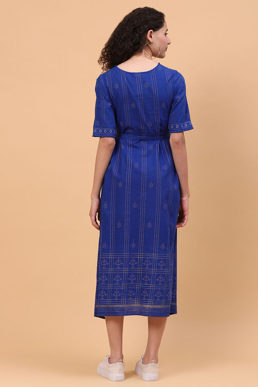 Royal Blue Cotton Flared Dress image number 4