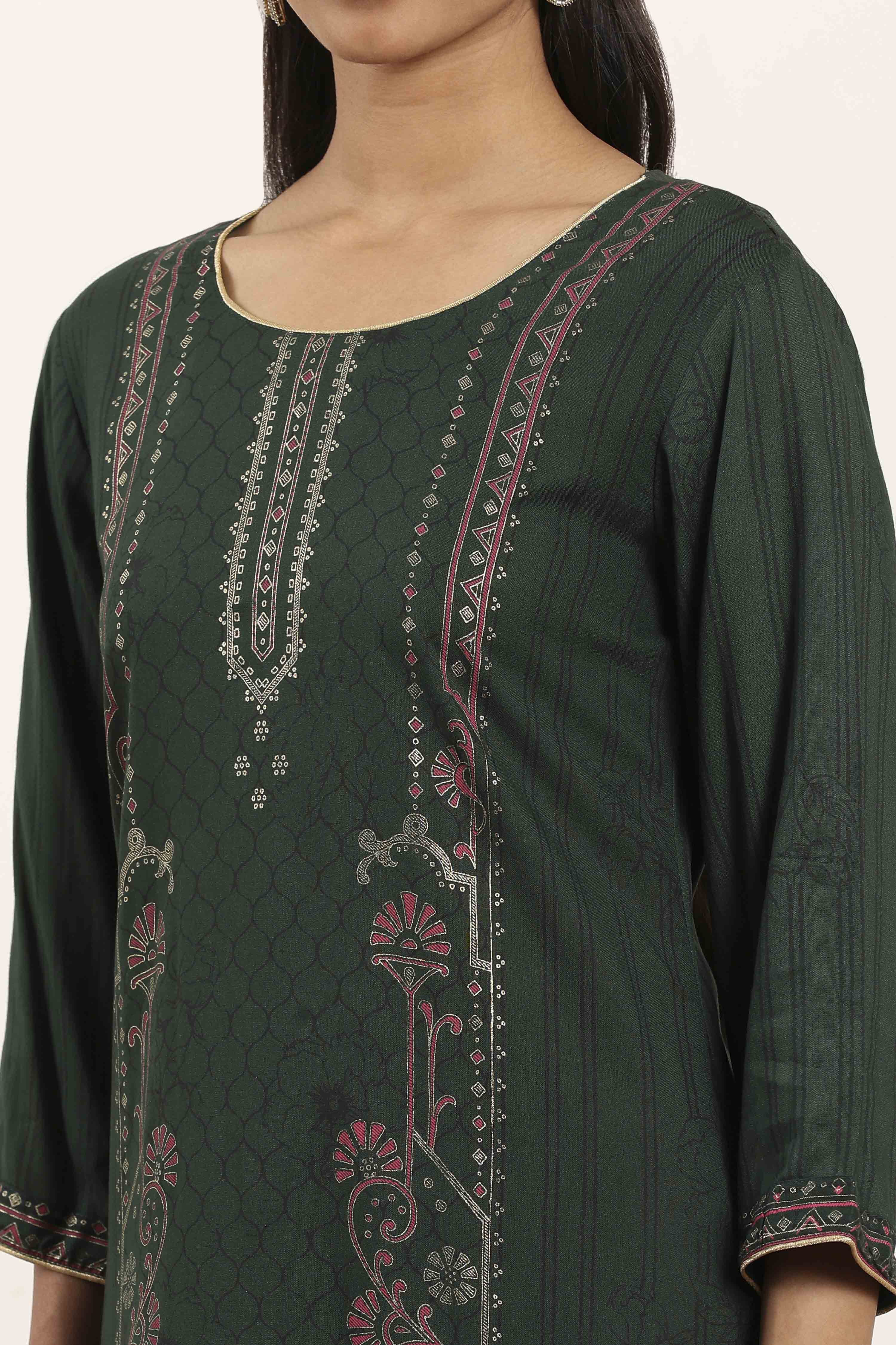 Olive Green Viscose Rayon Flared Kurta Pants Set image number 1