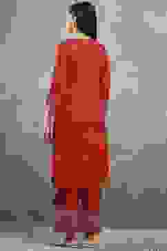 Red Viscose Flared Kurta Pants Set image number 4