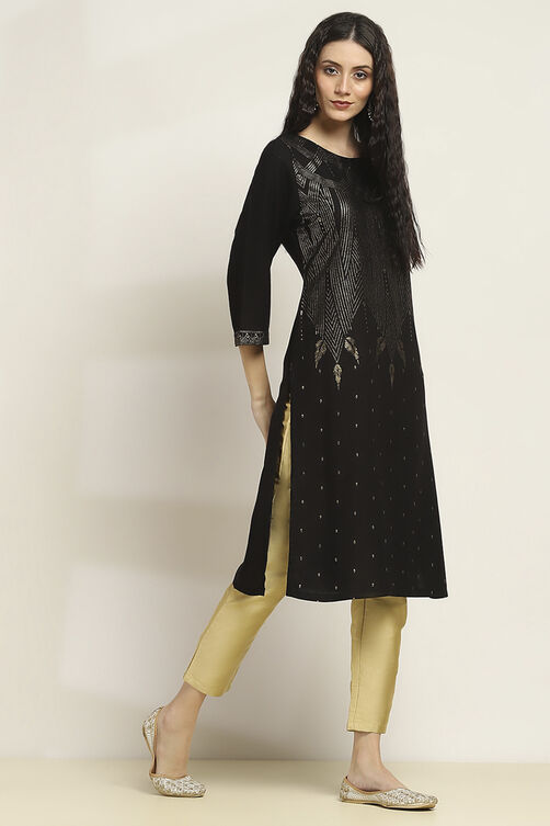 Black Viscose Rayon Printed Straight Kurta image number 4