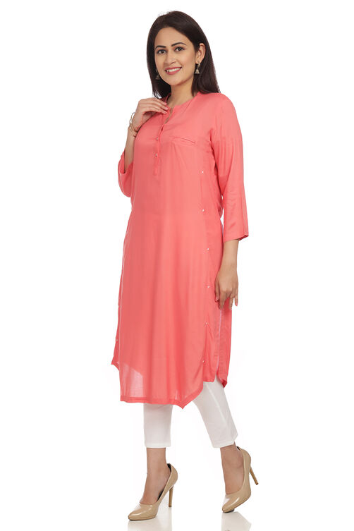 Pink Straight Viscose Kurta image number 3