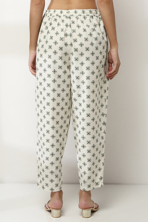 Off-White Cotton Blend Printed Straight Palazzos image number 4