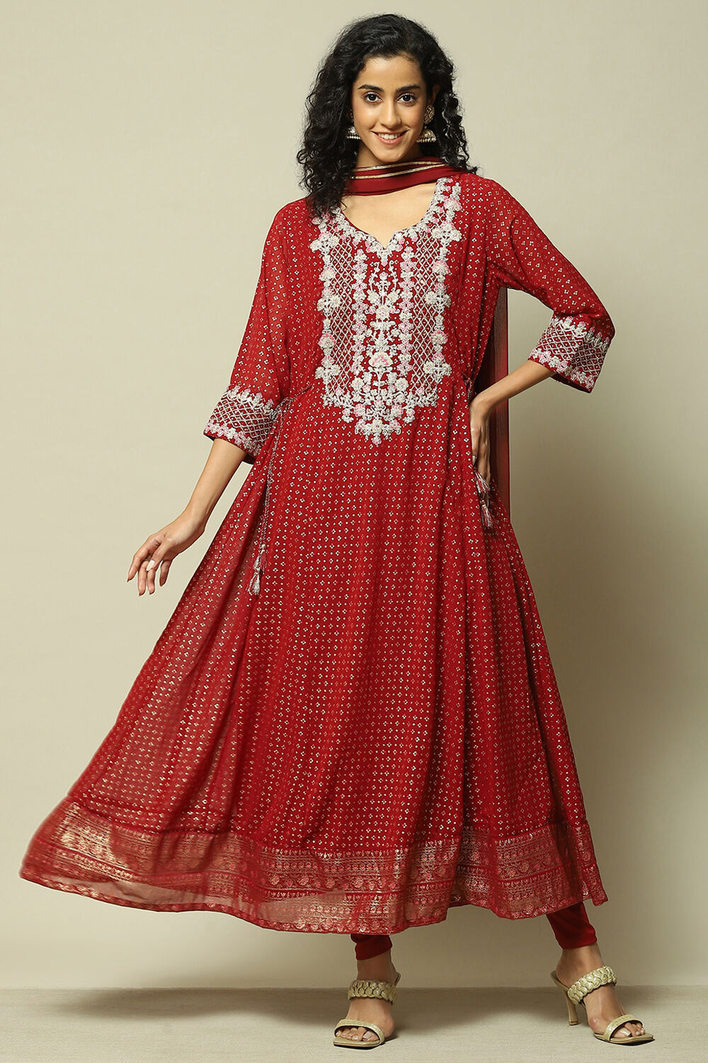 Ecru Polyester Kalidar Printed Kurta Legging Suit Set image number 4