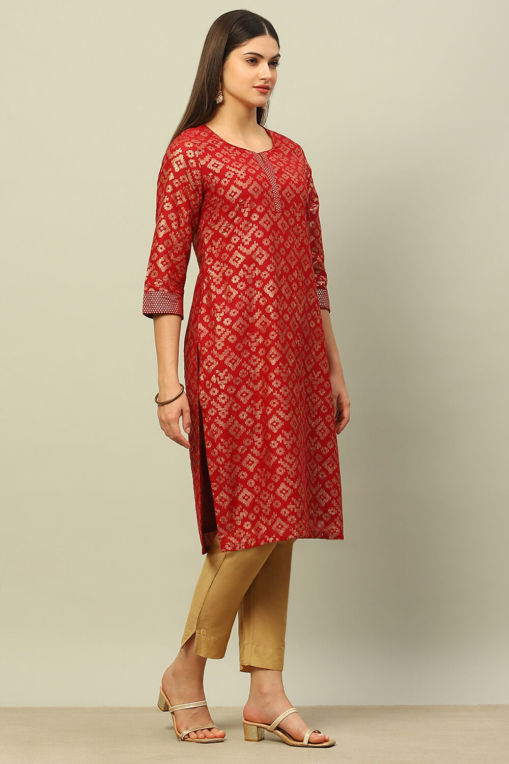 Maroon Cotton Printed Straight Kurta image number 4