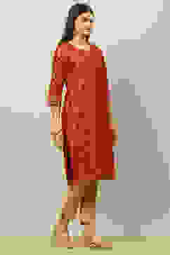 Maroon Cotton Printed Straight Kurta image number 4