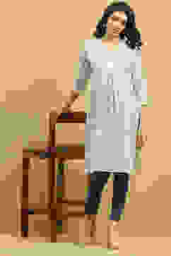 White and Blue Printed Straight Kurta image number 0