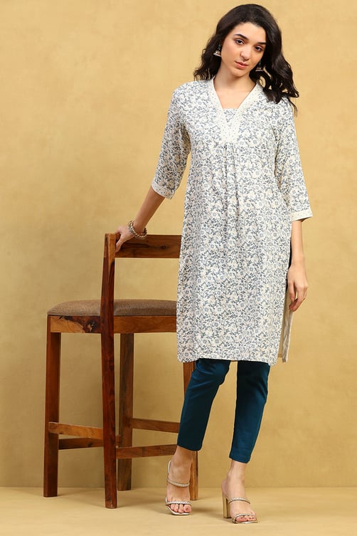 White and Blue Printed Straight Kurta image number 0
