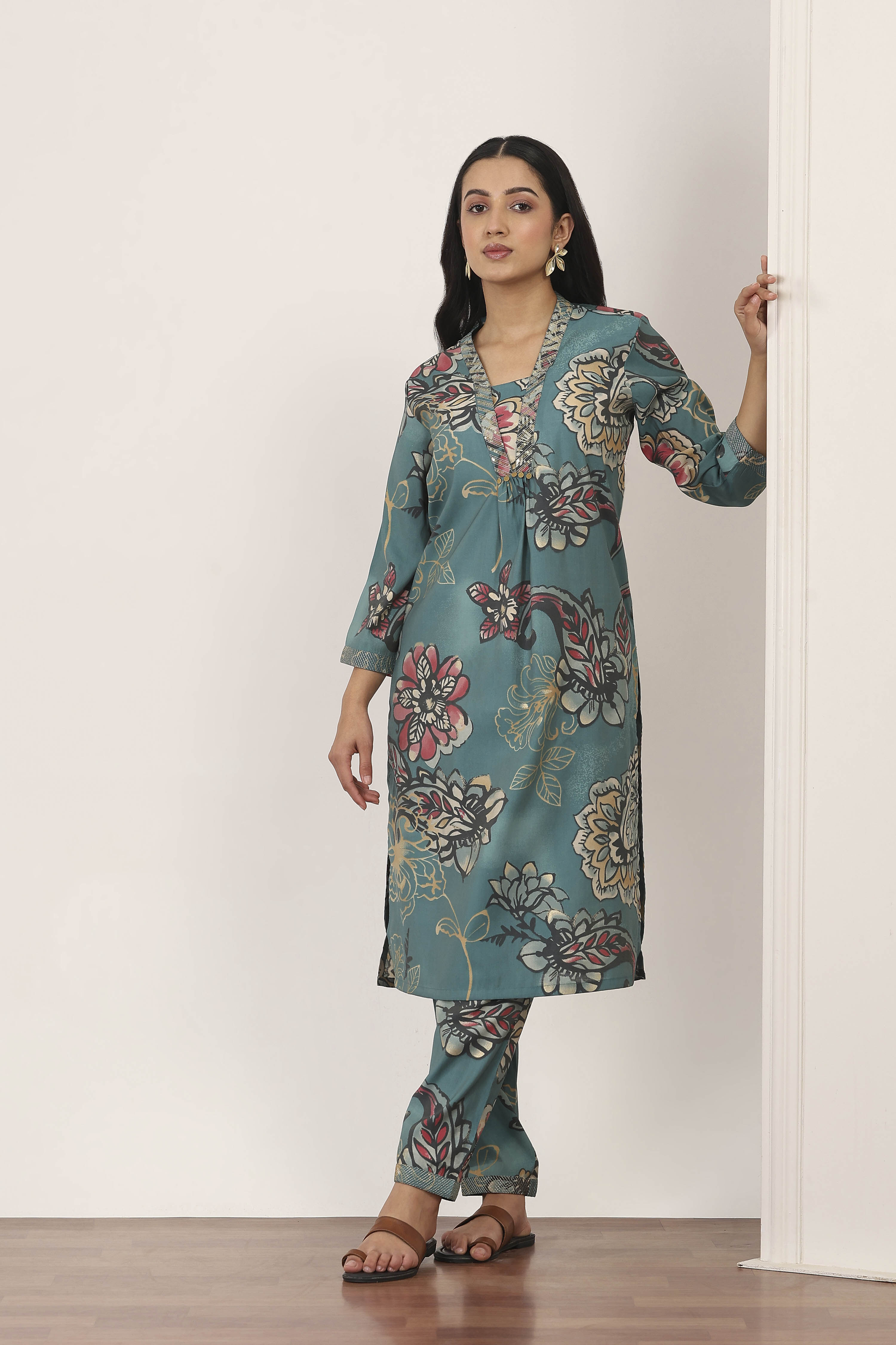 Orange Viscose Polyester Viscose Rayon Kurta Pants Set image number 0