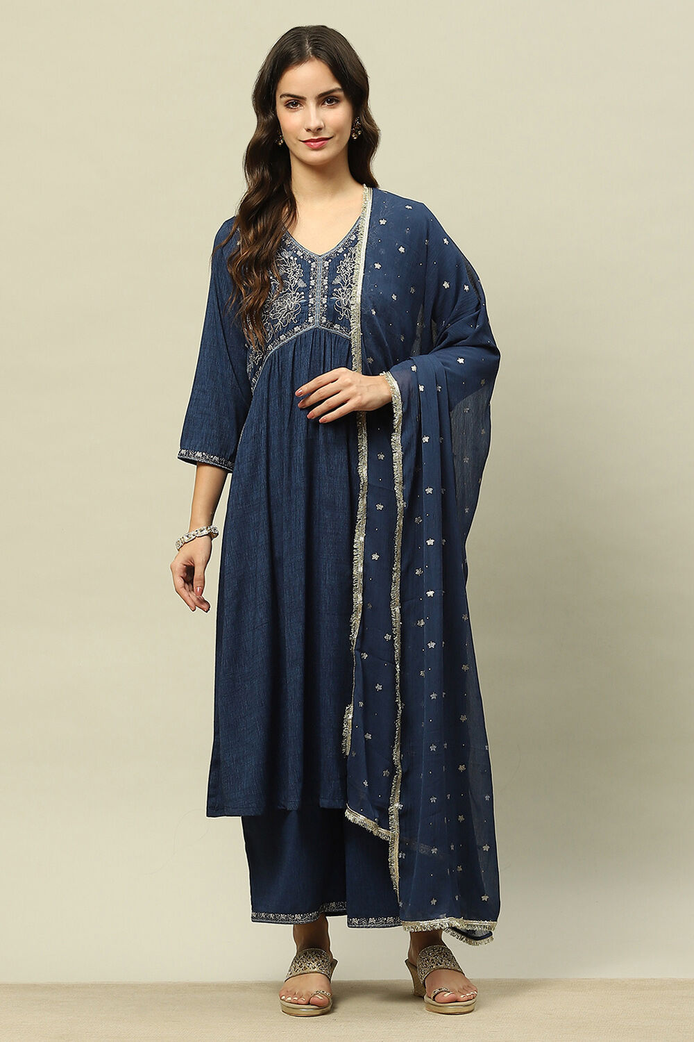 Blue Viscose Blend Gathered Yarn Dyed Kurta Palazzo Suit Set image number 6