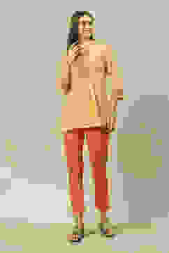 Peach Poplin Lycra Slim Solid Slim Pants image number 0