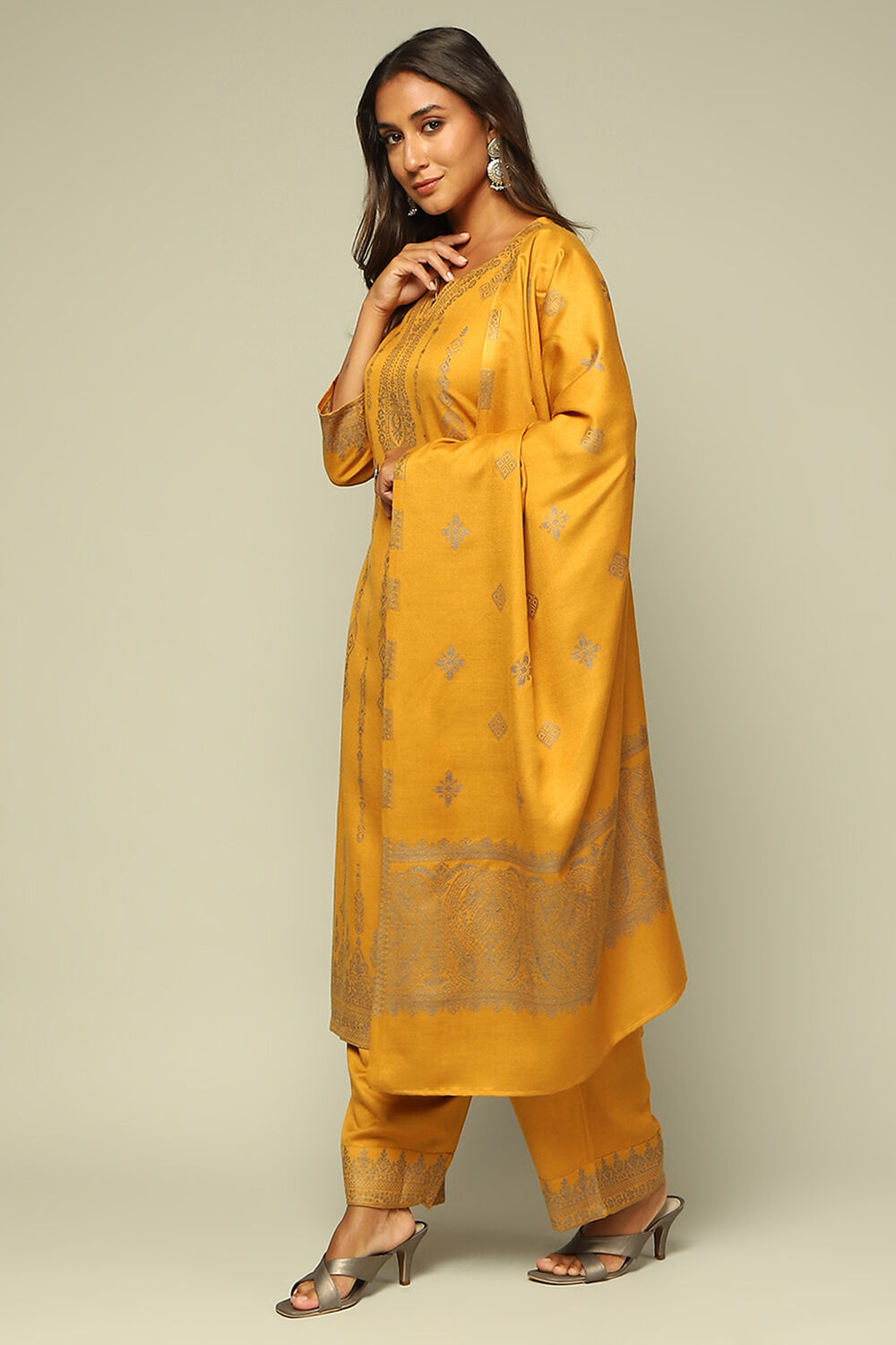 Mustard Acrylic A-Line Yarn Dyed Kurta Palazzo Suit Set image number 3