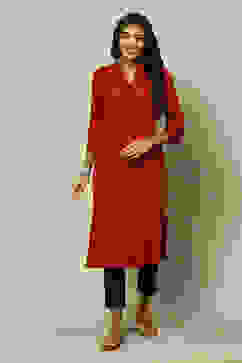 Maroon Polyester Straight Yarndyed Kurta image number 0