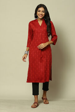 Maroon Polyester Straight Yarndyed Kurta image number 0