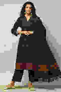 Dark Grey Polyester Straight Yarndyed Kurta Palazzo Suit Set image number 0