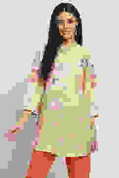 Lime Green Floral Printed Short Kurta image number 5