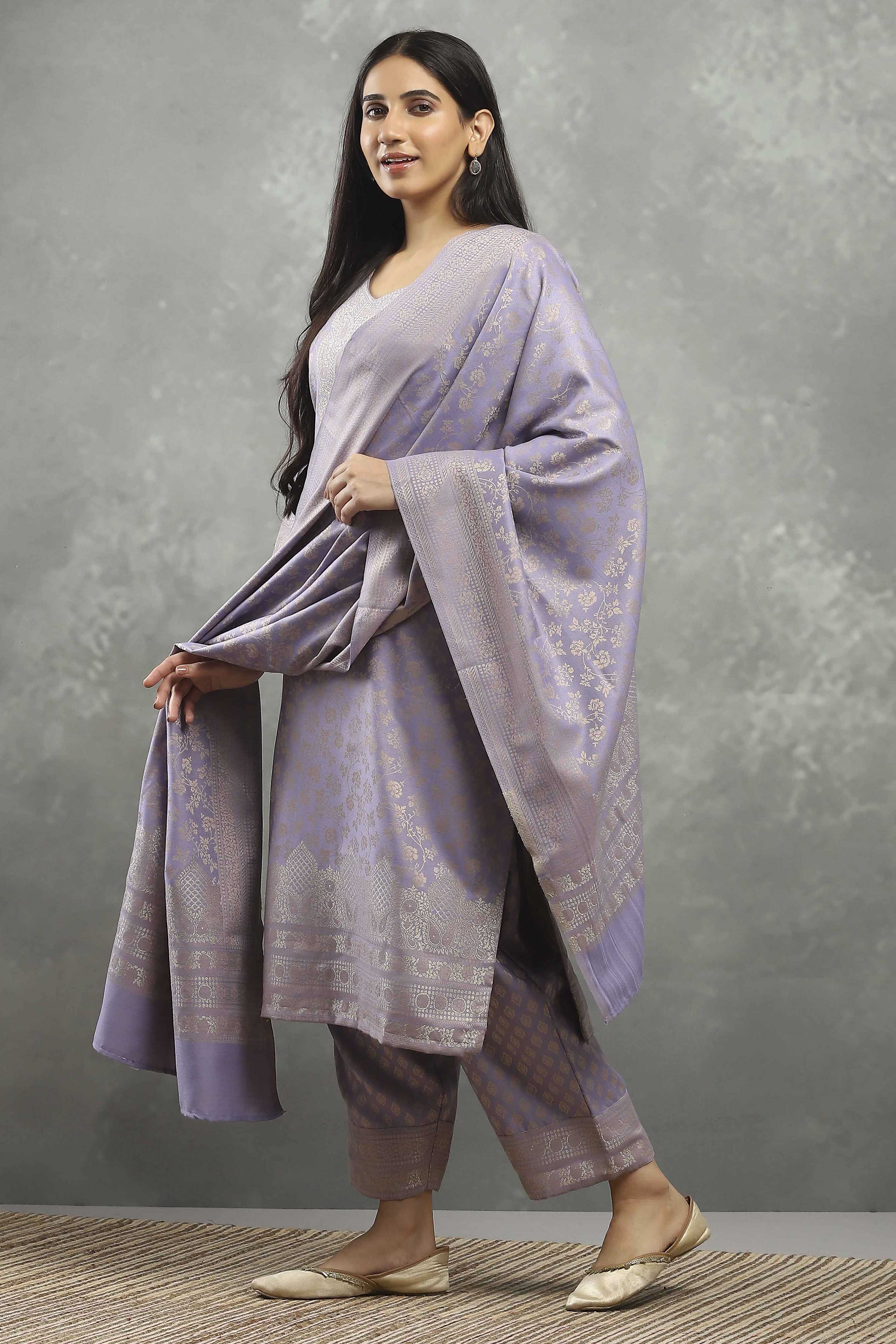 Mauve Polyester Yarndyed Straight Suit Set image number 3