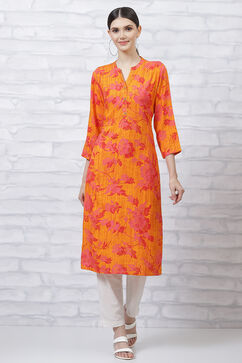 Orange LIVA Straight Kurta image number 0