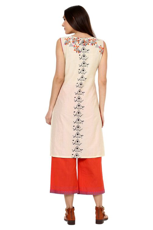 Beige Straight Cotton Kurta image number 5