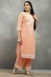 Peach Cotton Straight Kurta Pants Set image number 5