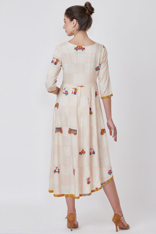 Off White Viscose Rayon Kalidar Dress image number 4