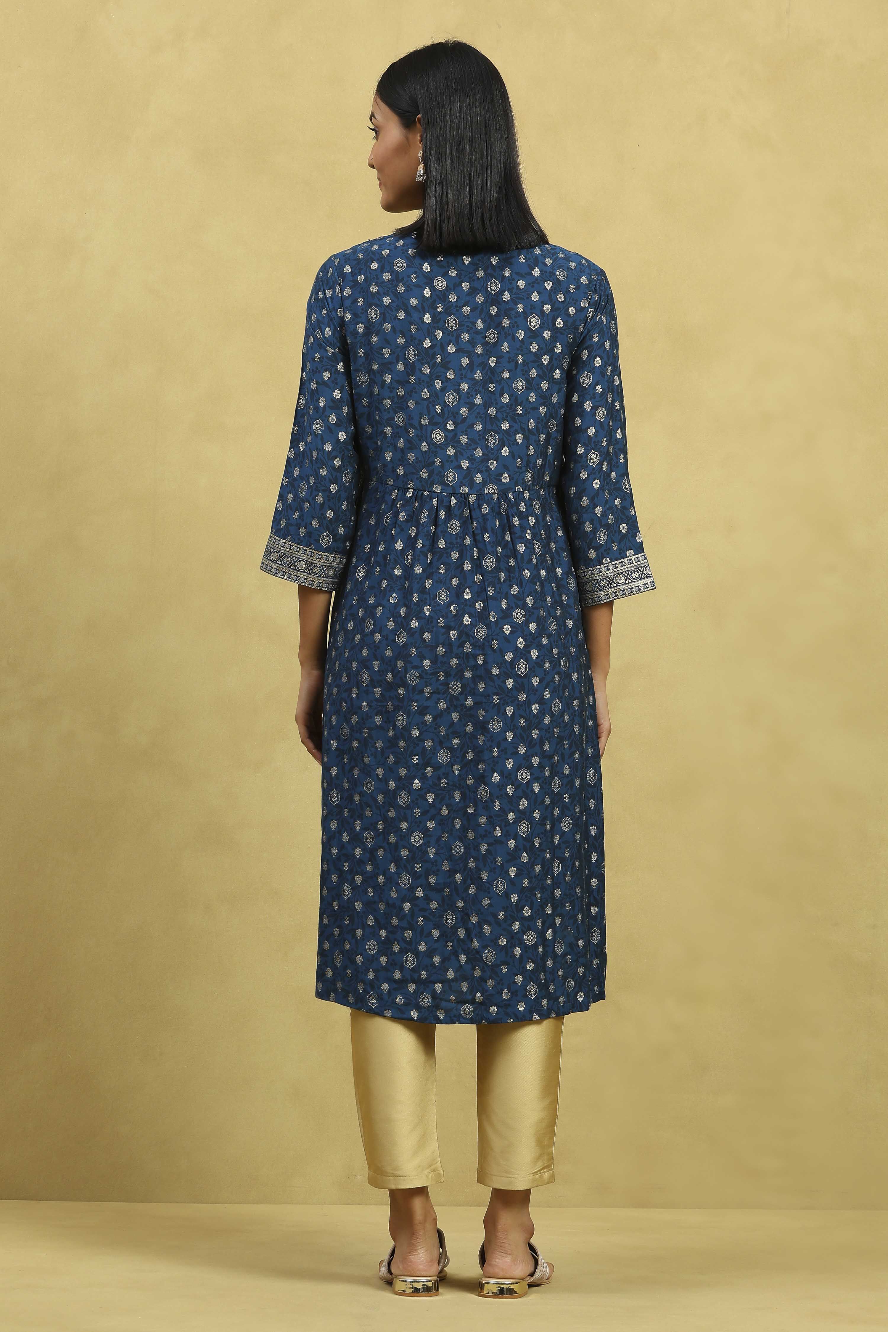 Blue Viscose Blend Printed Gathered Kurta image number 3