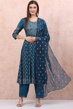 Teal Blue Art Silk Kalidar Suit Set image number 0