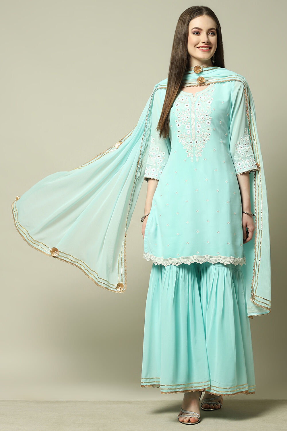 Aqua Blue Poly Georgette Kurta & Garara Suit Set image number 7