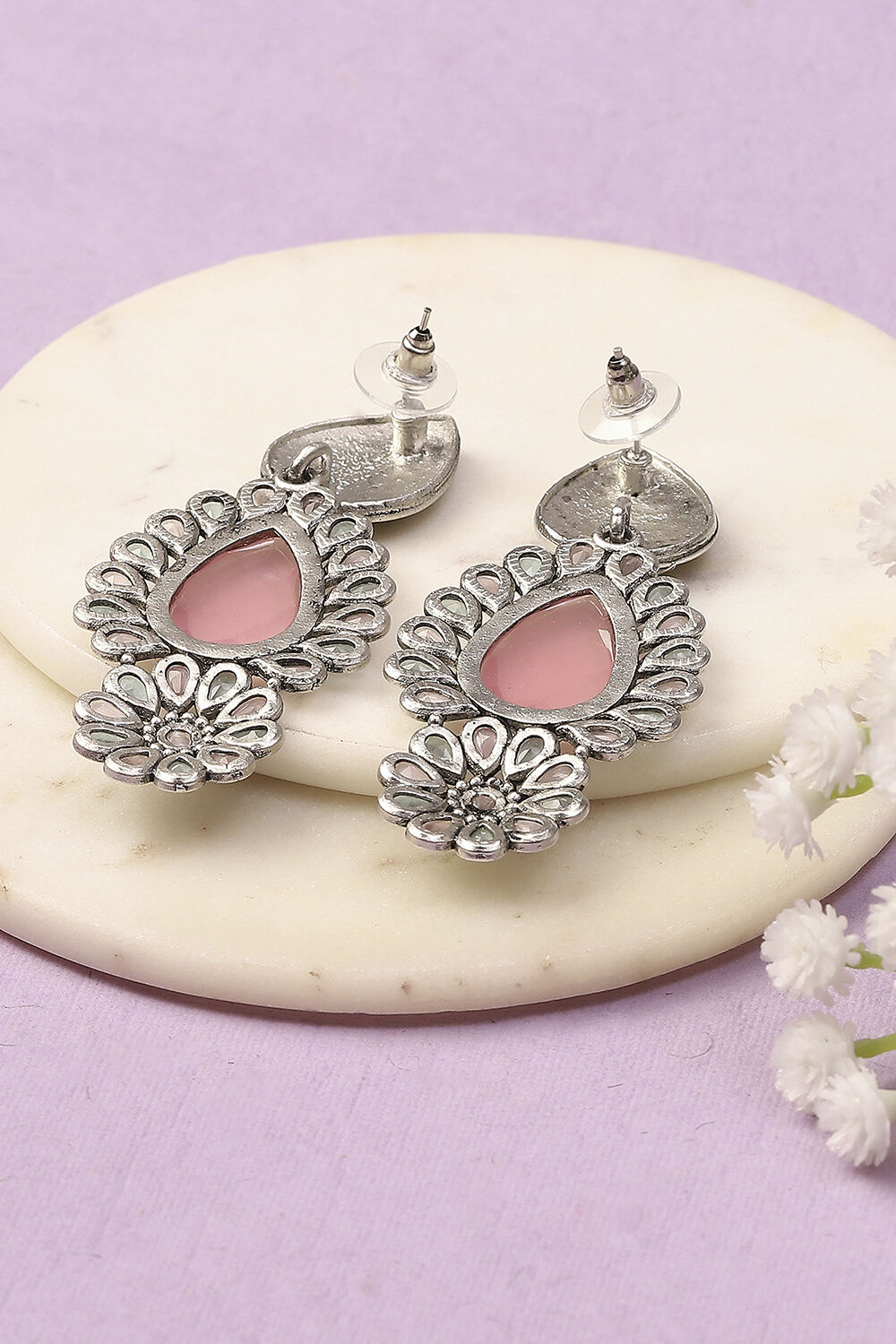 Light Pink Green Oxidised Alloy Earrings image number 2