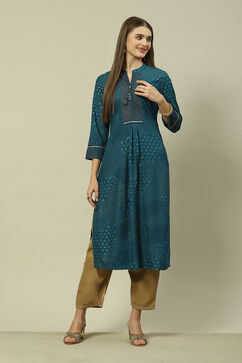 Teal Blue Viscose Straight Printed Kurta image number 5