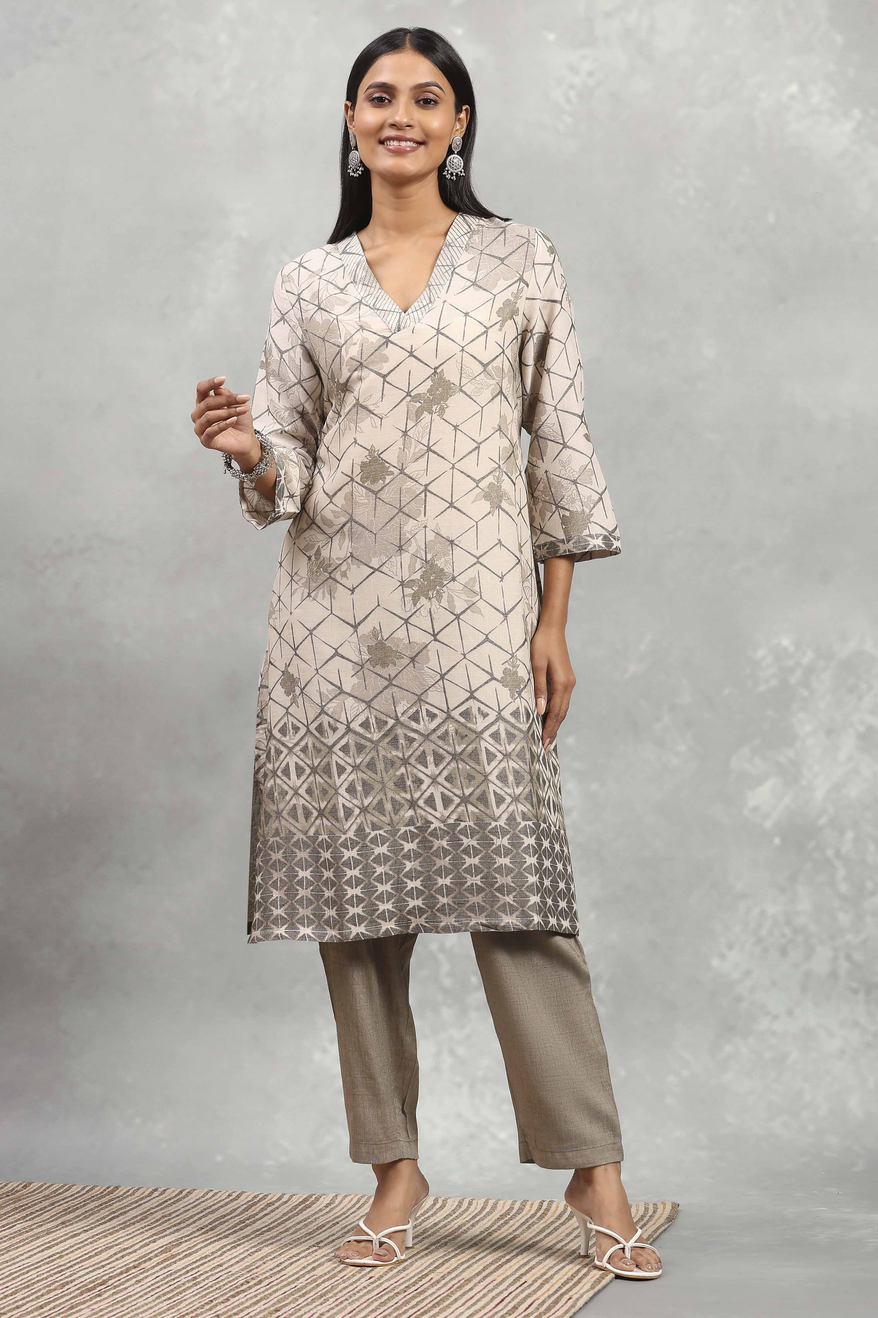 Grey Viscose Blend Printed A-Line Kurta Pants Set image number 0
