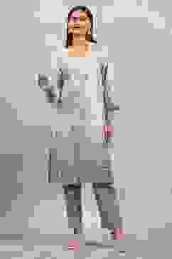 Grey Viscose Blend Printed A-Line Kurta Pants Set image number 0