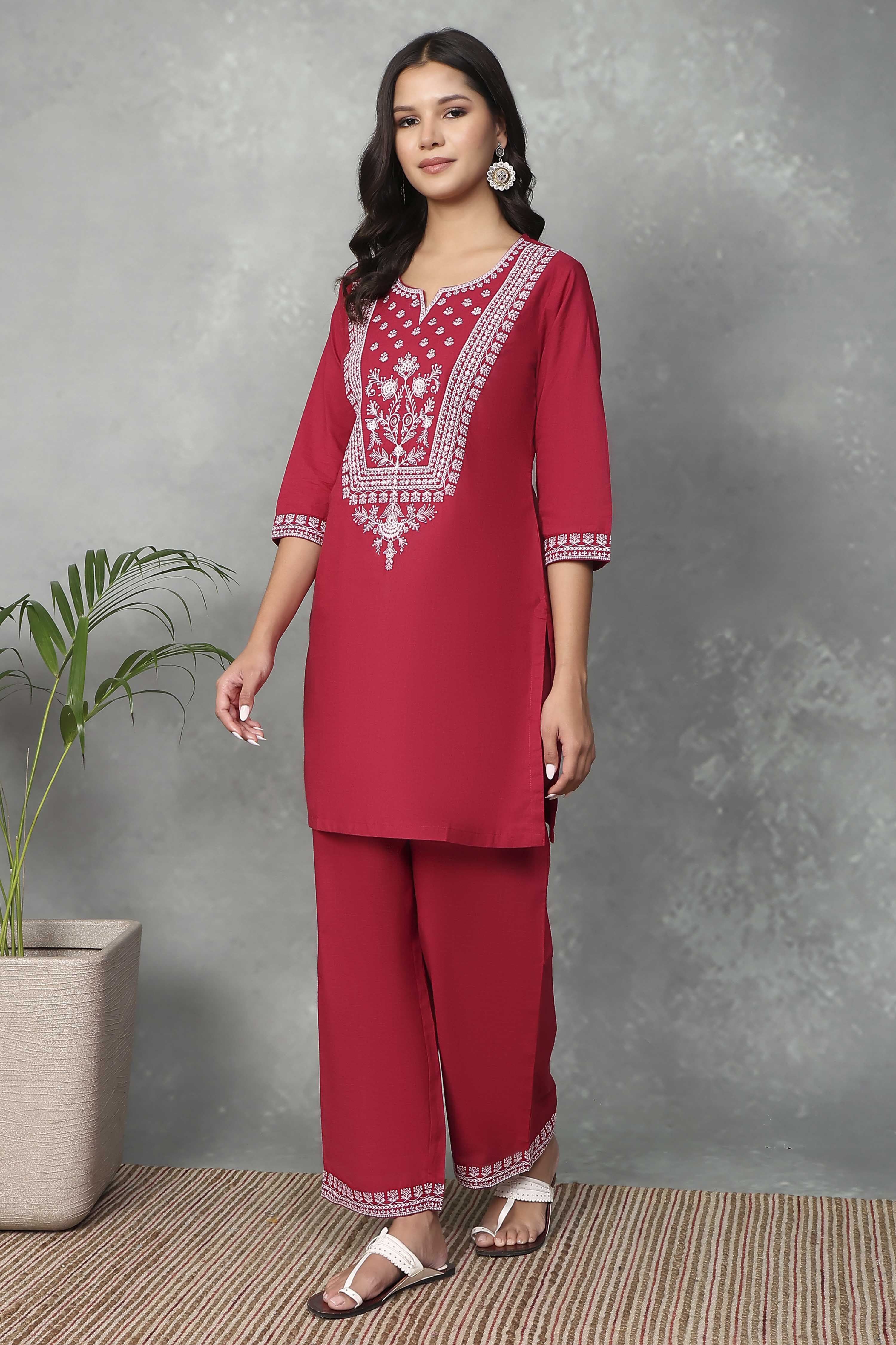 Red Cotton Kurta Pants Set image number 3