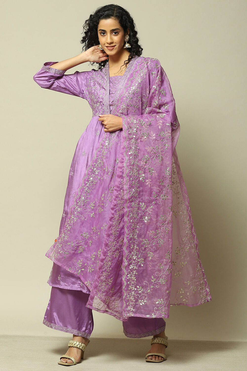Rust Viscose Gathered Embroidered Kurta Palazzo Suit Set image number 0