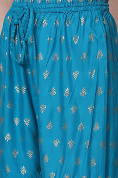 Teal Green Flared Printed Suit Set image number 3