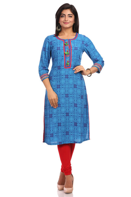Blue Straight Cotton Kurta image number 0