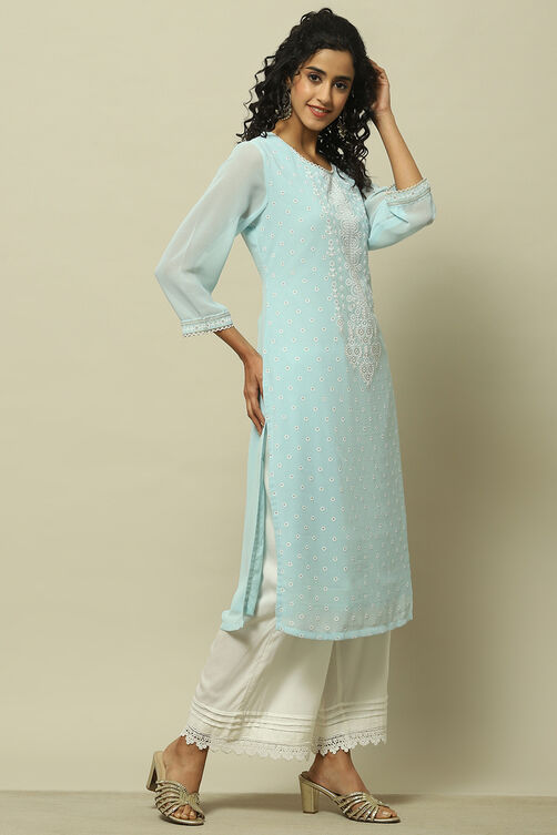 Blue Poly Georgette Embroidered Straight Kurta image number 4