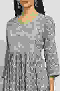 Grey Cotton Gathered Suit Set With Dupatta image number 1